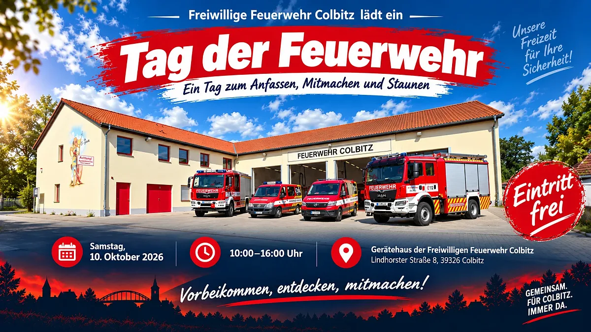 Plakat zum Tag der Feuerwehr am 10. Oktober 2026: das Gerätehaus mit vier Einsatzfahrzeugen davor, dazu Datum, Uhrzeit und Anschrift